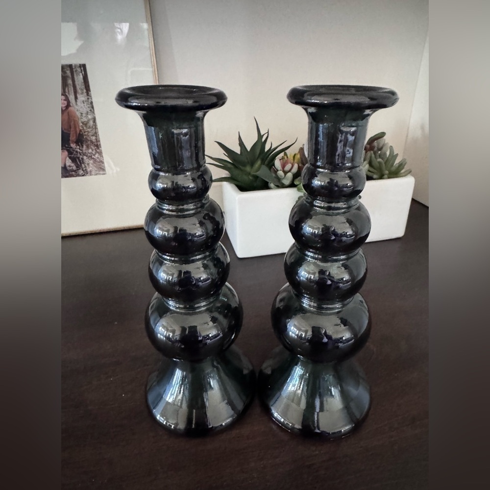 Dark Green Candle Holders - 8.75" made in Spain, 100% recycled glass.